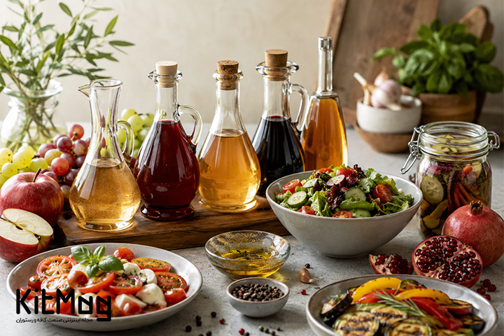 انواع مختلف سرکه در یک کادر به همراه چند سالاد و دورجین انار و روغن زیتون 