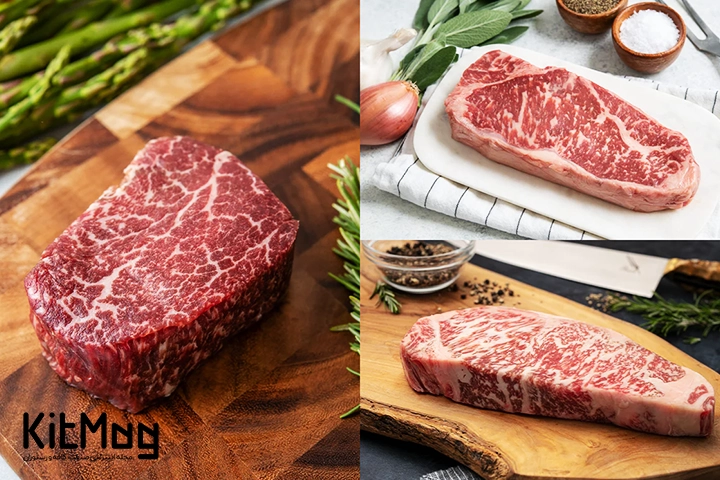 گوشت گاو واگیو از نمای نزدیک که به سه مدل مختلف برش خورده است