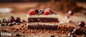 پخت کیک به صورت صحیح و اصولی یک اسلایس یا تکه کیک شکلاتی و نسکافه ای به همراه توت فرنگی