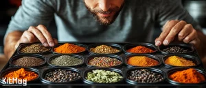 ادویه رستورانی آشپز حرفه ای در حال آماده کردن ادویه هایی نظیر فلفل سیاه، پودر فلفل سیاه ، پودر آویشن، پودر سیر، پودر ادویه کاری،پودر موسیر ، نعناع خشک، پودر زردچوبه، ادویه هندی،