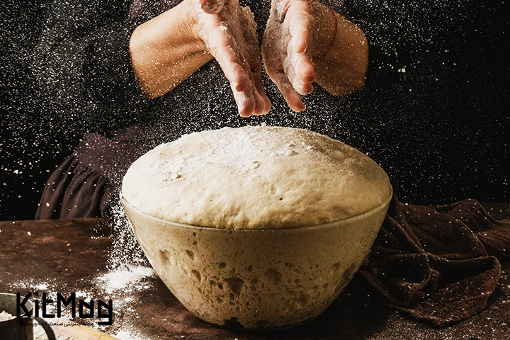 خمیر ترش که توط تخمیر سنج ارزیابی شده است و داخل یک کاسه ریخته شده است که آماده برای پخت نان و پیتزا می باشد