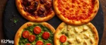 طرز تهیه انواع سس مخصوص پیتزا در تصویر چهار مدل خمیر پیتزا یکسان با سس های پایه یا بیسیک پیتزا مختلف در تصویر دیده میشود