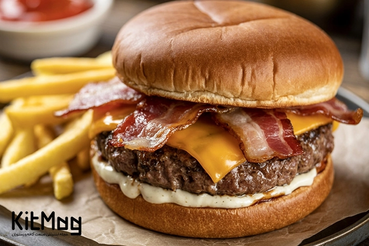 گوشت همبرگر به همراه بیکن که روی آن با پنیر چدار و بیکن پر شده است
