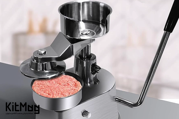 همبرگر زن دستی یا به اصطلاح نیمه اتوماتیک که با پس زمینه سفید در تصویر قابل مشاهده می باشد با رنگ طوسی یا کرم 