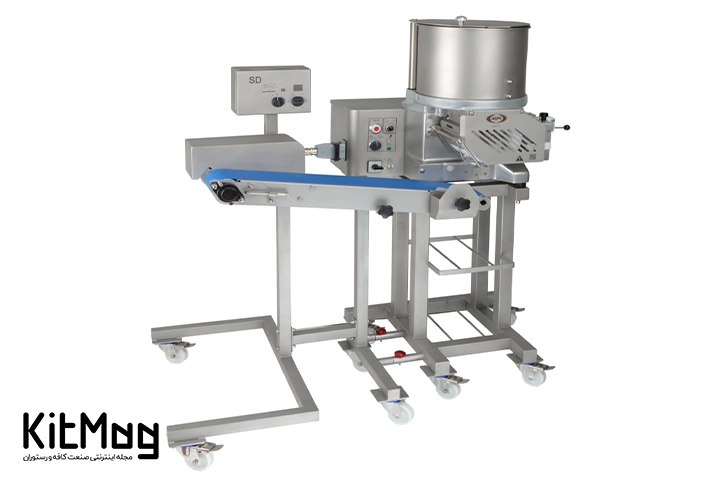 همبرگر زن برقی یا تمام اتوماتیک که با پس زمینه سفید قابل مشاهده می باشد و تمام مراحل تولید همبرگر را به صورت اتوماتیک انجام میدهد