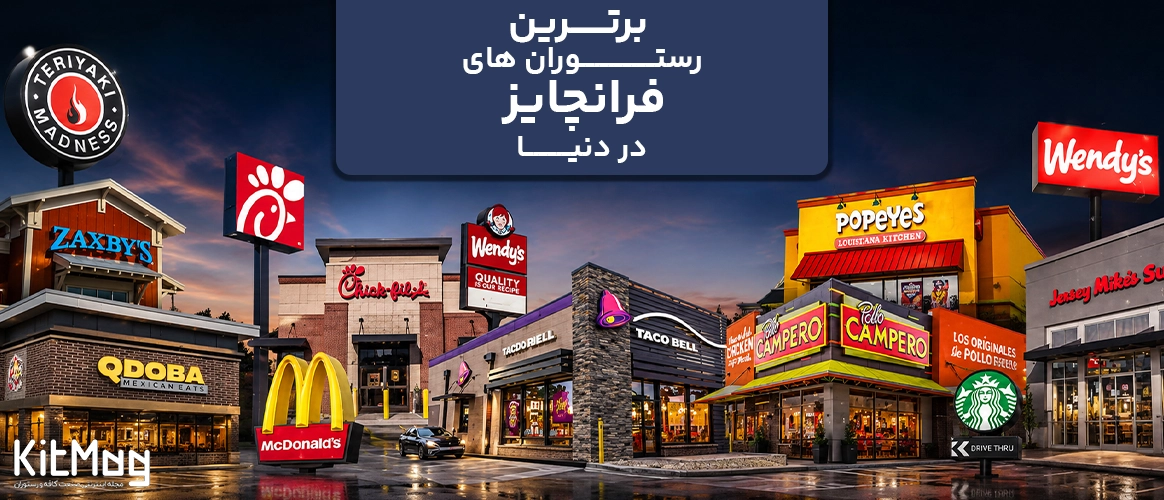بنر بهترین رستوران و کافه های زنجیره ای دنیا که شامل رستوران های بسیار زیادی از جمله مک دونالد استارباکس کی اف سی دانکینز و ... میباشد
