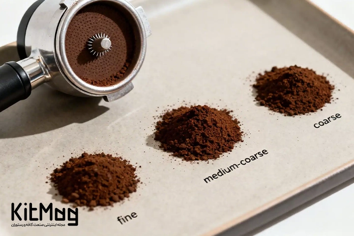  آسیاب متوسط رو به درشت  (Medium-Coarse Ground Coffee) و انواع قهوه پودر ریز و دانه درشت که روی میز قرار گرفته است و یک پرتا فیلتر با قهوه روی میز قرار گرفته است