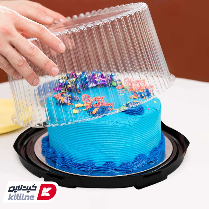 کیک با روکش آبی و اسمارتیز داخل ظرف کیک یکبار مصرف شفاف کوچک-1