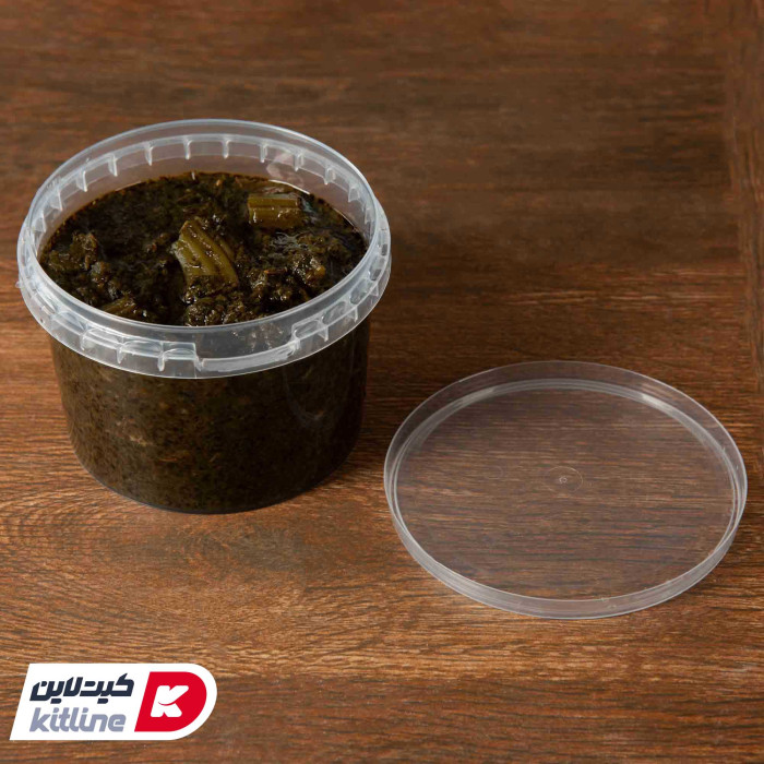 خورش قرمه سبزی داخل ظرف یکبار مصرف ۶۱۰ml شفاف همراه درب شفاف-1