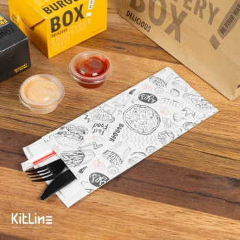 پاکت یکبار مصرف کاغذی قاشق و چنگال ۱۰×۲۴ سانتیمتری طرح رگباری نارنجی و مشکی (کارتن ۲۵۰ عددی)