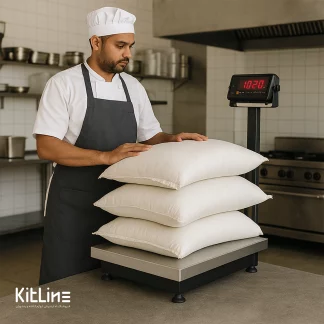 یک کمک اشپز در حال وزن کردن سه بسته ارد روی باسکول صنعتی ۳۰۰ کيلوگرمی پند مدل PX9000