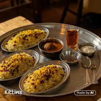 سینی آلومینیومی قطر ۶۵.۵ سانتیمتری که در آن انواع دیس های غذا سرو شده است.