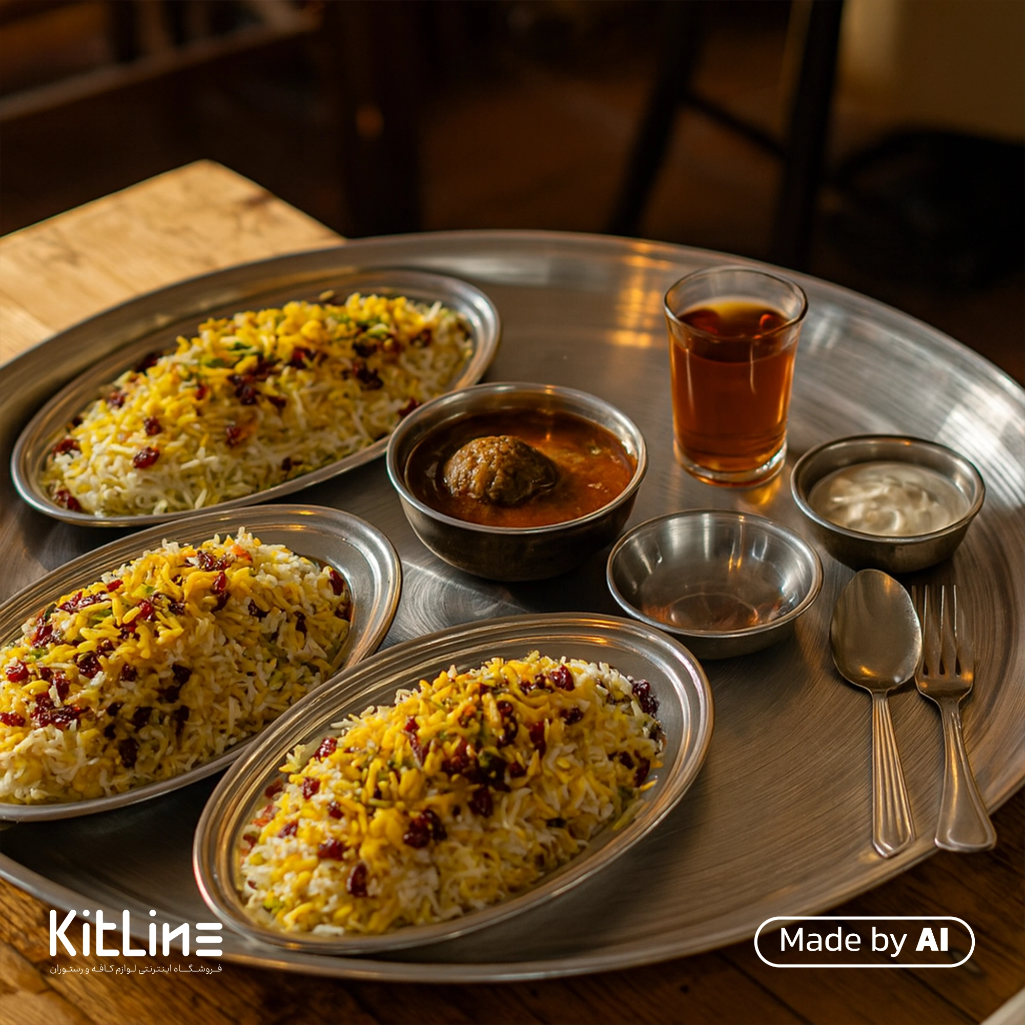 سینی آلومینیومی قطر ۶۵.۵ سانتیمتری که در آن انواع دیس های غذا سرو شده است.