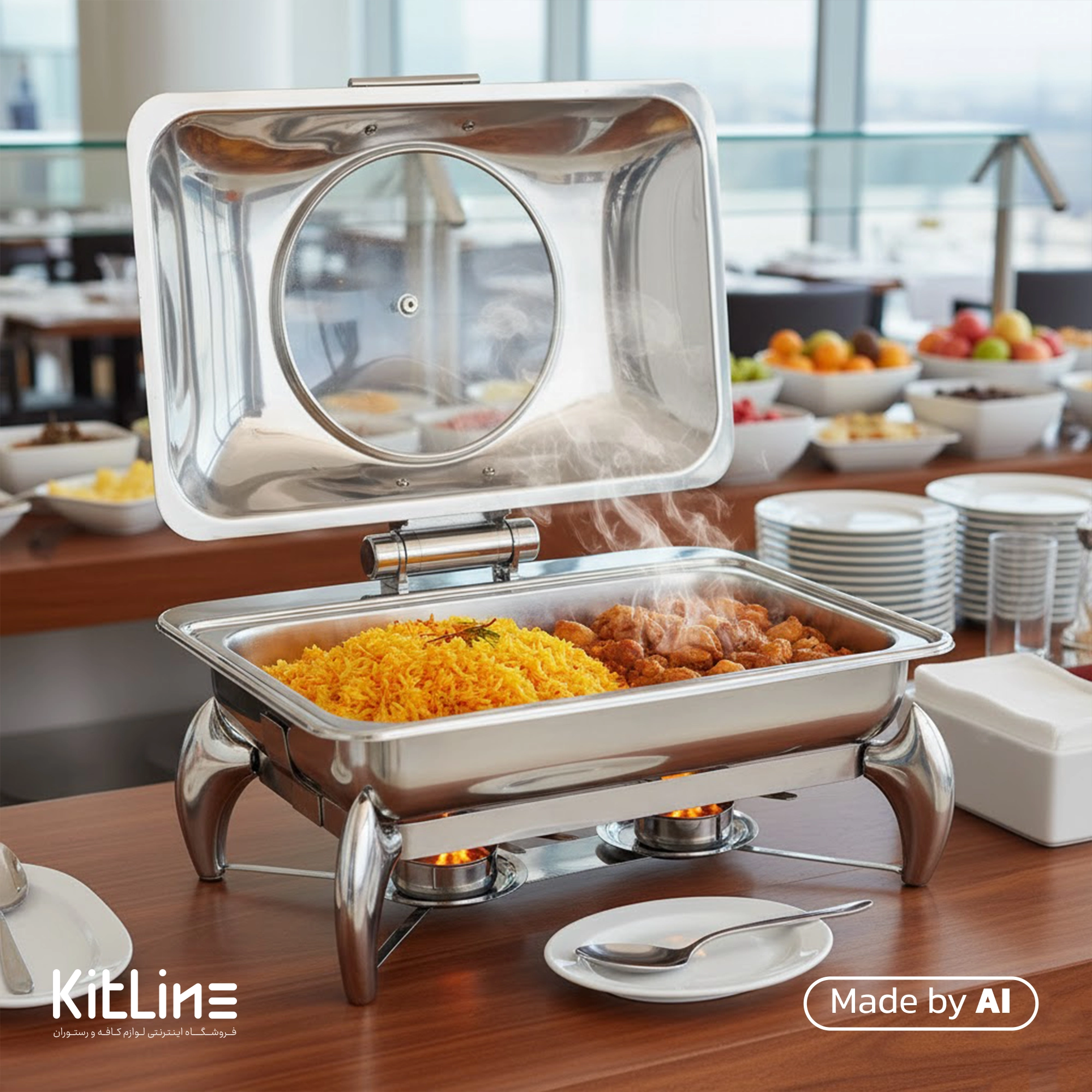 شفینگ دیش مستطیل استیل ۸ لیتری ماریانا هوم که در رستوران برای گرم نگه داشتن و سرو غذا استفاده شده است.
