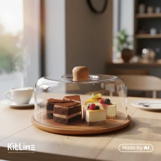 در کافه از شو کیک گرد چوبی ۳۳ سانتیمتری همراه با در طلقی برای نمایش انواع کیک استفاده شده است.