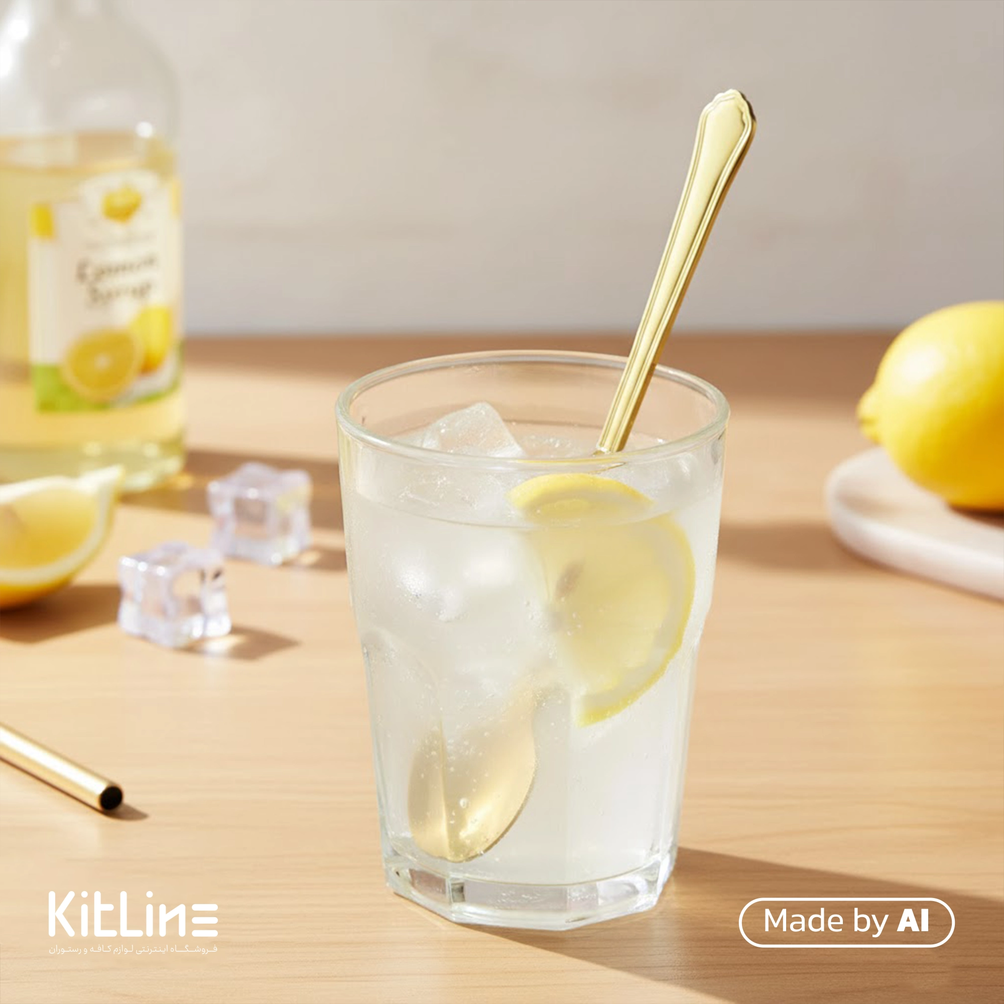 قاشق شربت خوری صنایع استیل مدل رویال تمام مات طلایی که در لیوانی پر از شربت قرار دارد.