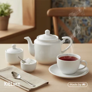 قوری چینی ۴۵۰ میلی‌لیتری زرین درکنار فنجان و نعلبکی چینی سفید.