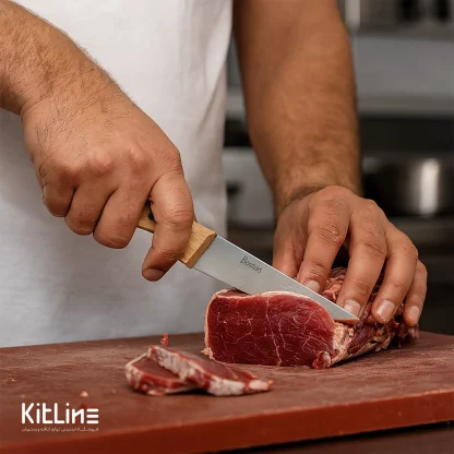 برش گوشت با چاقو قصابی ۱۲ سانتیمتری بداف دسته چوبی