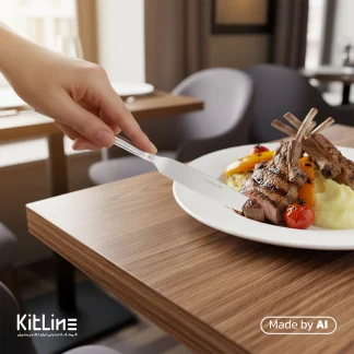 کارد سرو بره صنایع استیل مدل برشیا مات در حال برش گوشت جهت سرو است.