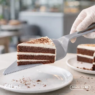 برداشتن برش کیک با کارد و کفگیر کیک بر یکبار مصرف پلی استایرن ۲۸ سانتیمتری کوشا پلاست مدل نيلا