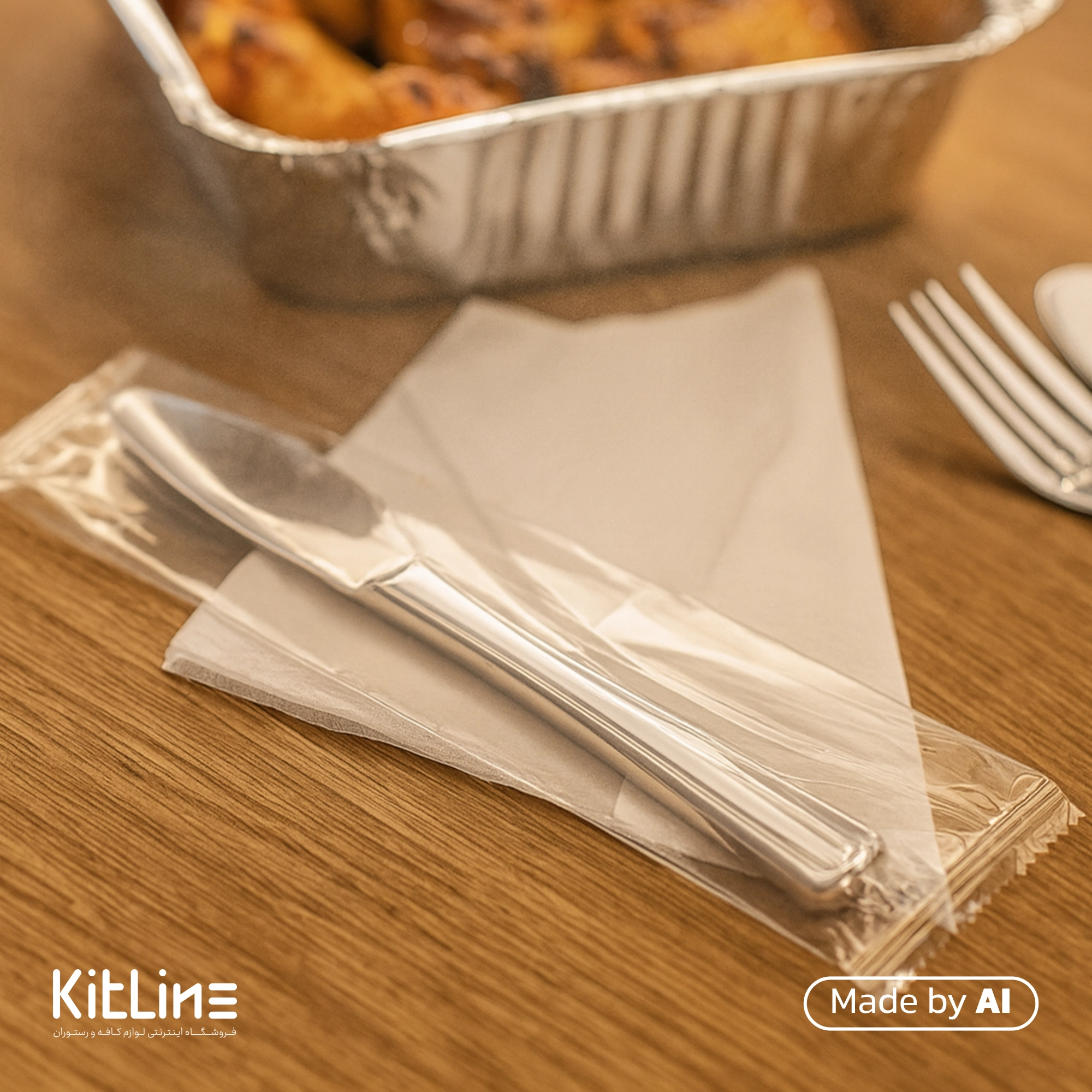 کارد یکبار مصرف متالایز ۱۹ سانتیمتری طب پلاستیک مدل سیدنی (کارتن ۱۰۰۰ عددی) در کنار غذا بیرون بر