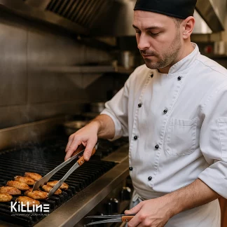 آشپزی درحال استفاده از انبر باربیکیو استیل سر گرد ۲۸ سانتیمتری کوکینگ فلیم (Cooking Flame) برای پخت بال مرغ.