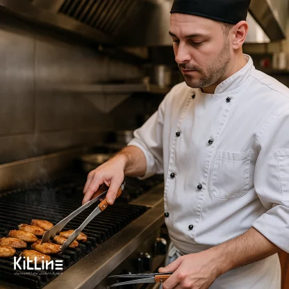 آشپزی درحال استفاده از انبر باربیکیو استیل سر گرد ۲۸ سانتیمتری کوکینگ فلیم (Cooking Flame) برای پخت بال مرغ.