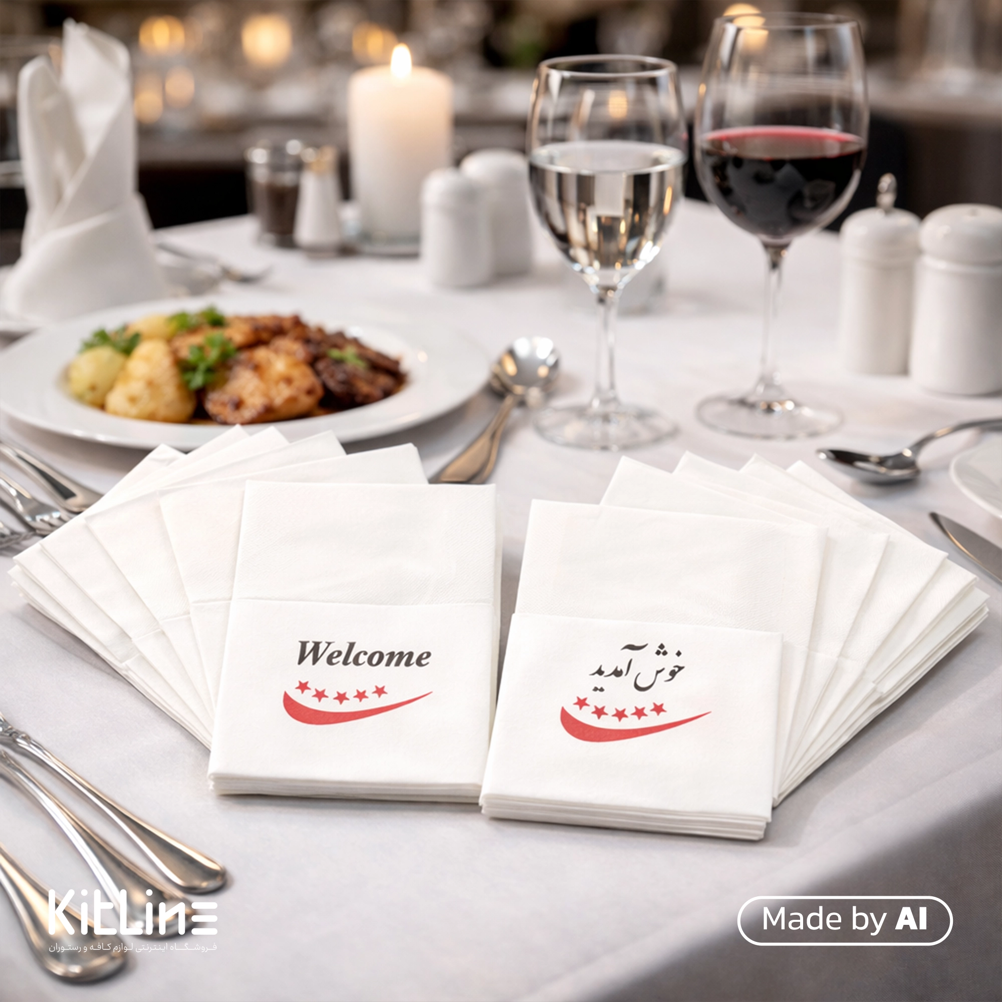 قرار دادن دستمال کاغذی کترینگ سفید ۳۰۰۰ برگ چاپی گلريز (کارتن ۳۰۰۰ عددی) در میز سرو