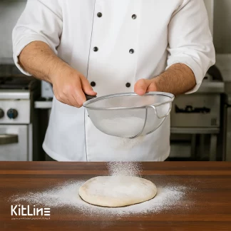 صاف کردن آرد با صافی استیل دسته دار مشکی ۳۰ سانتیمتری