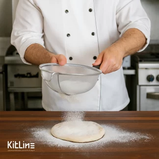 صاف کردن آرد با صافی استیل دسته دار مشکی ۳۲ سانتیمتری