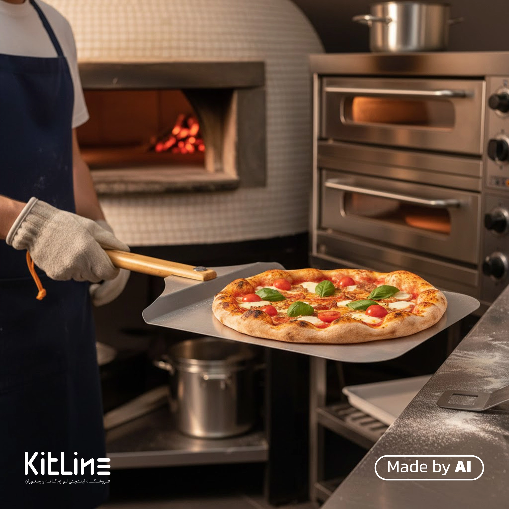 قرار دادن پیتزا داخل فر به همراه پارو پیتزا استیل مستطیلی کف ۲۸ دسته تاشو چوبی ۲۵ سانتیمتری کوکینگ فلیم (Cooking Flame)