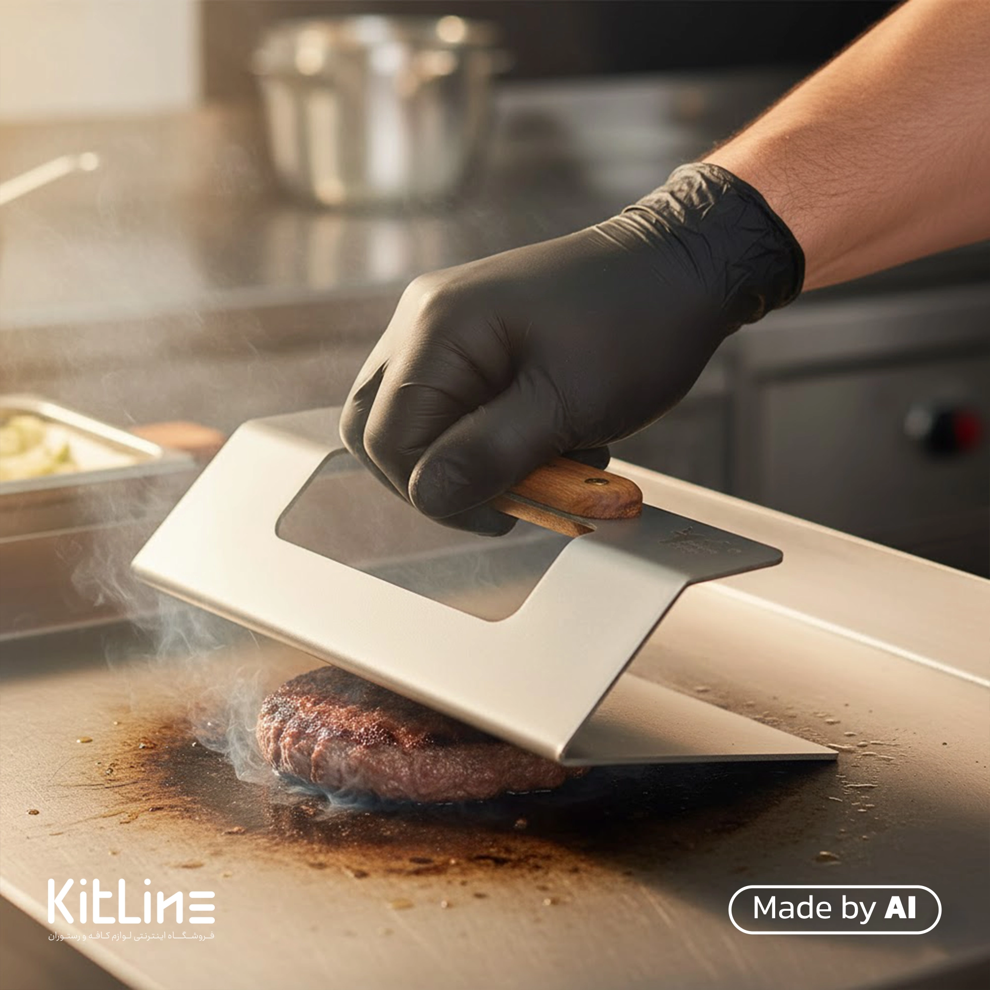 پرس کردن همبرگر به وسیله پرس همبرگر و گریل استیل کوکینگ فلیم