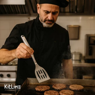 با استفاده از کاردک تمام استیل نمره ۱۲ بست (BEST) در حال گریل برگر