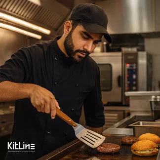 آشپزی با استفاده از کاردک خم شیاردار دسته چوبی نمره ۱۰ کوکینگ فلیم (Cooking Flame) در حال گریل برگر