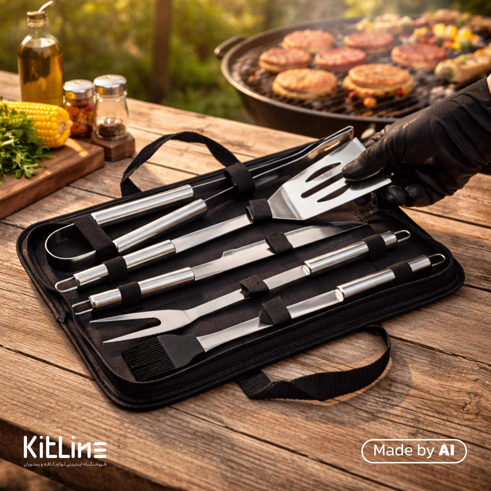 کیف لوازم باربیکیو ۵ تکه بست (BEST) در کنار گریل باربیکیو