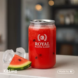 بطری کن رویال یکبار مصرف با در آسان باز شو ۳۵۰ میلی لیتر که داخل آن آب هندوانه پر شده است.