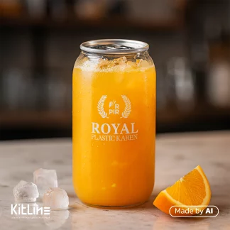 بطری کن رویال یکبار مصرف با در آسان باز شو ۵۰۰ میلی لیتر رویال پلاستیک که در ان آب پرتقال ریخته شده است.