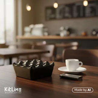 زیر سیگاری در دار ملامین ۸ سانتیمتری مشکی Fede Group بر روی میز سرو در کنار فنجان و نعلبکی