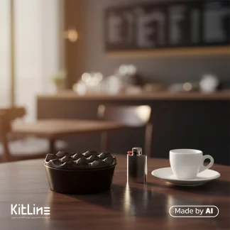 زیر سیگاری در دار ملامین ۹ سانتیمتری مشکی Fede Group در میز کافه در کنار فنجان نعلبکی سفید است.