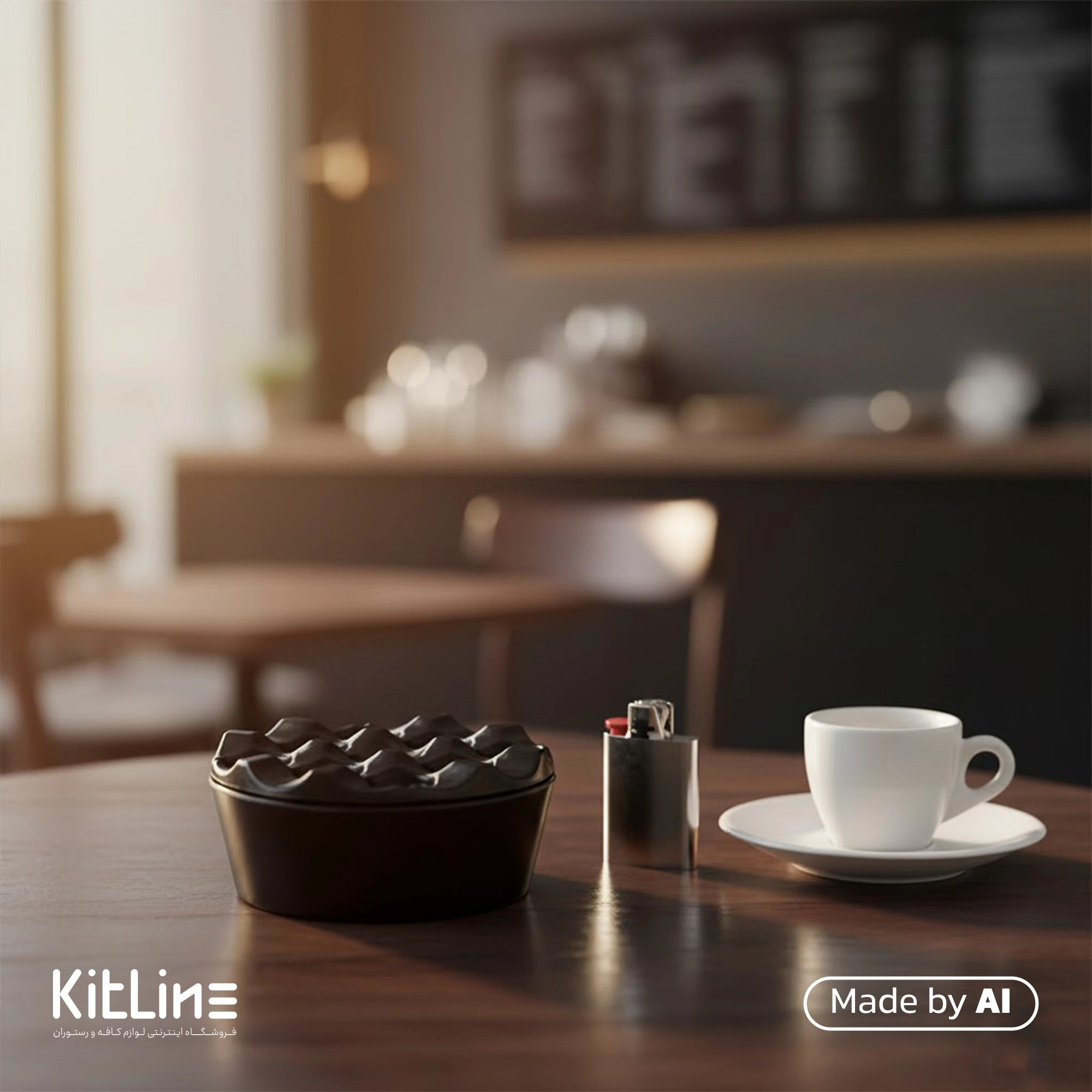 زیر سیگاری در دار ملامین ۹ سانتیمتری مشکی Fede Group در میز کافه در کنار فنجان نعلبکی سفید است.