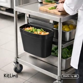 سطل ترولی کوچک پلاستیکی در کنار میز کار استیل