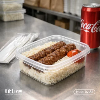 سرو چلو کوبیده در ظرف یکبار مصرف ۴۰۰ میلی لیتری شفاف همراه درب پولاد پویش (کارتن ۱۶۰ عددی)