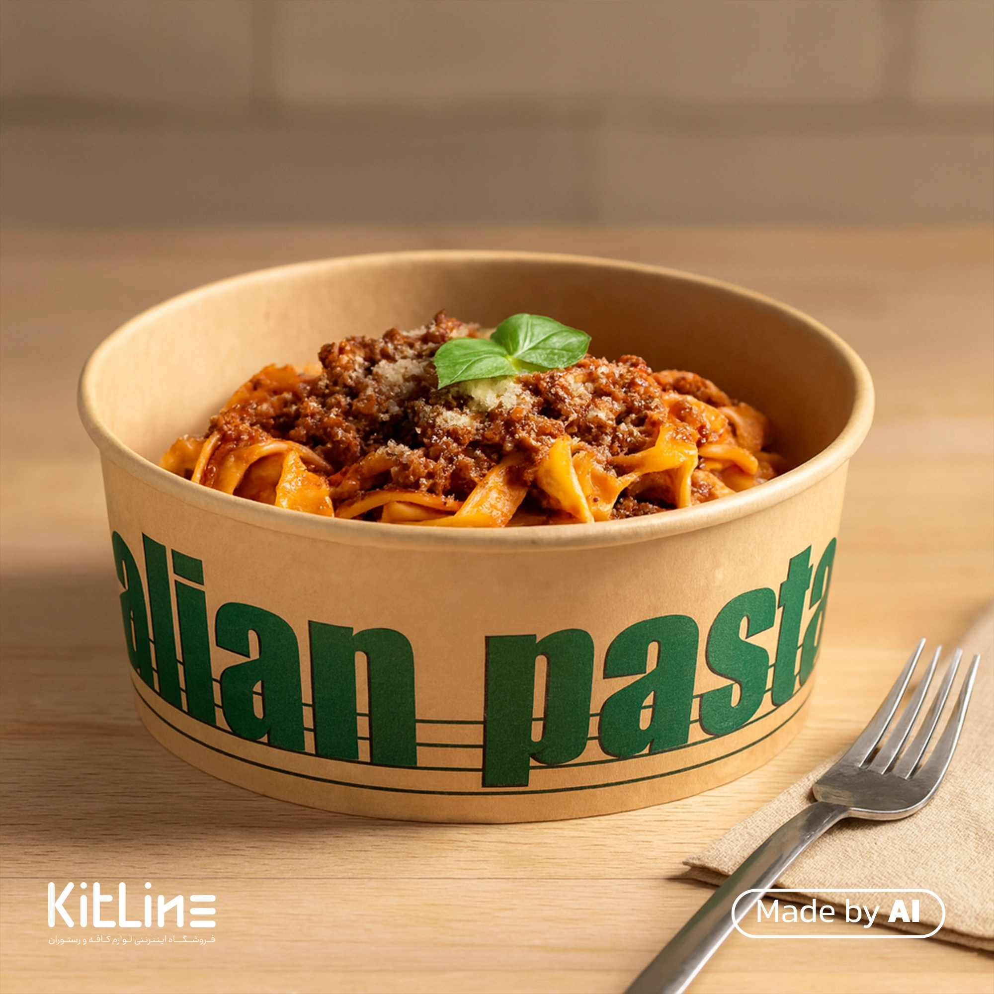 ظرف پاستا یکبار مصرف کرافت ۱۲۰۰ میلی لیتری طرح پاستا بدون درب پاپک که در آن پاستا ریخته است.