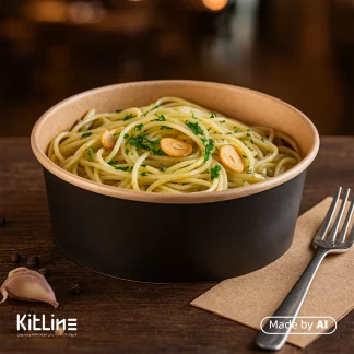 ظرف پاستا یکبار مصرف کرافت ۱۲۰۰ میلی لیتری مشکی بدون درب پاپک (بسته ۳۰۰ عددی) که در آن پاستا ریخته شده است.