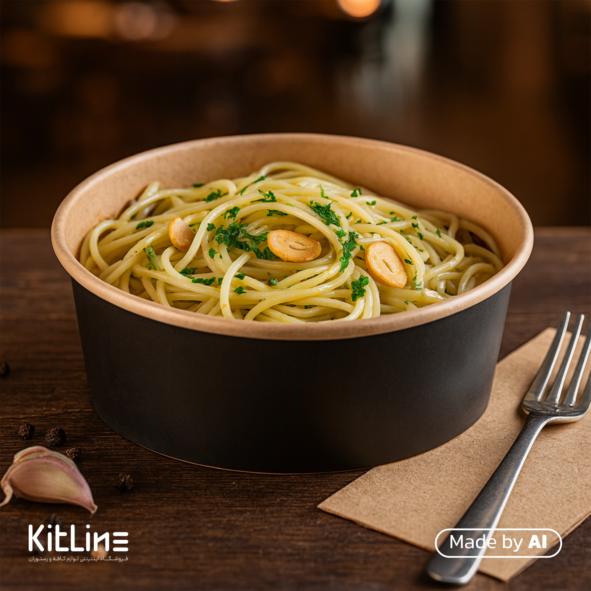 ظرف پاستا یکبار مصرف کرافت ۱۲۰۰ میلی لیتری مشکی بدون درب پاپک (بسته ۳۰۰ عددی) که در آن پاستا ریخته شده است.