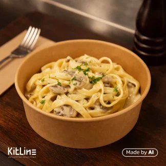 ظرف پاستا یکبار مصرف کرافت ۹۰۰ میلی لیتری سینگل بدون درب پاپک که در آن پاستا ریخته است.