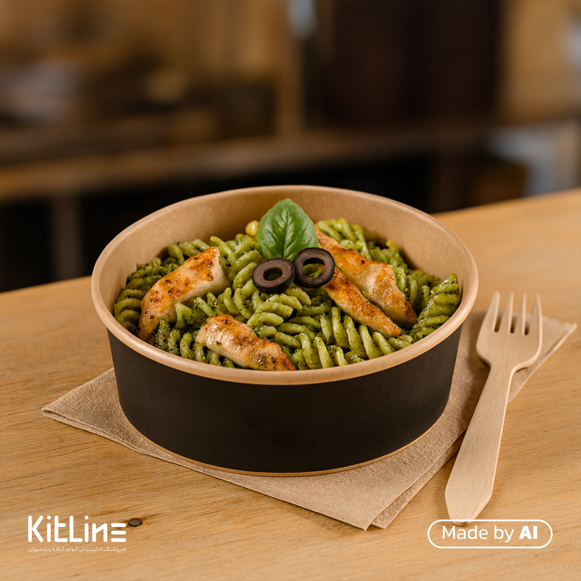 ظرف پاستا یکبار مصرف کرافت ۹۰۰ میلی لیتری مشکی بدون درب پاپک که در آن پاستا به همراه مرغ ریخته شده است.