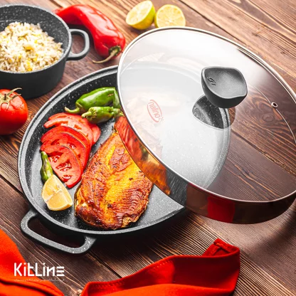 گریل ماهی در تابه چدنی بیضی سایز ۳۲ درب دار نالینو مدل آنجل (angle)