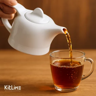 با استفاده از قوری چینی هتلی ۷۹۳ میلی‌ لیتری زرین در حال ریختن چایی در لیوان