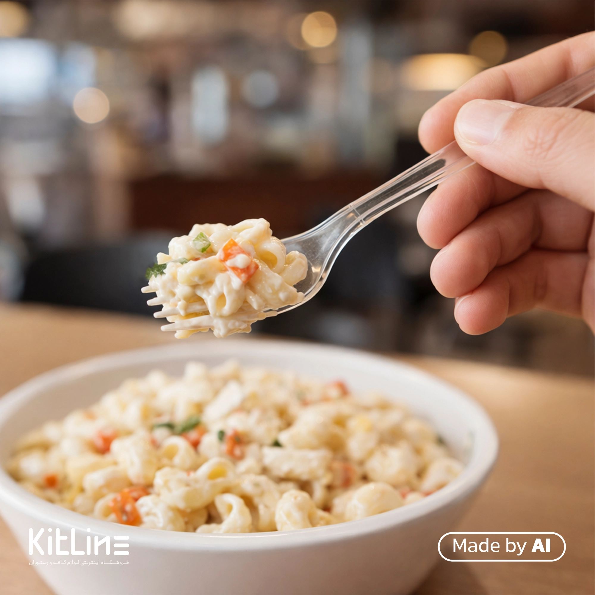 خوردن سالاد ماکارونی با چنگال یکبار مصرف پلی استایرن شفاف مدل کروکو طب پلاستیک